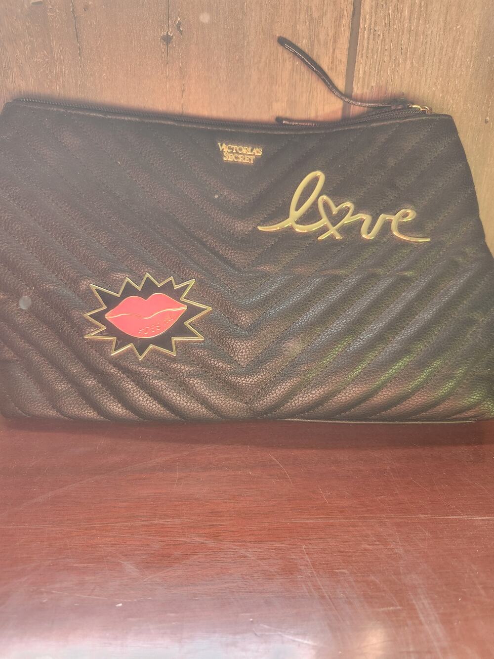 Victoria's Secret Love Kiss Quilted Black Clutch Cosmetic Bag NWT